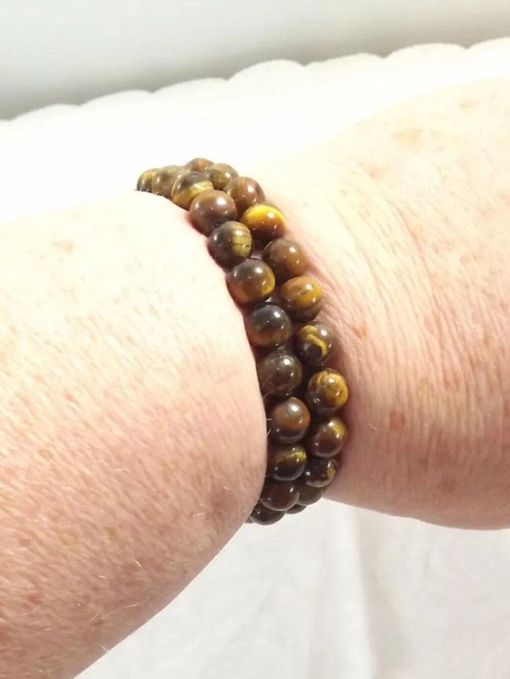 2 Tiger's Eye Beaded Stretch Bracelet - Brown and Gold Tones